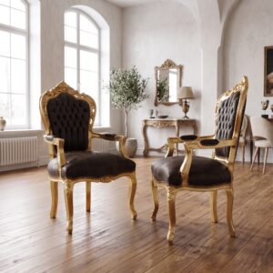 Set Barokstoelen Lederlook Goud-Bruin