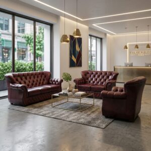 Chesterfield Bankstel Bordeauxrood 3-2-1 Leder