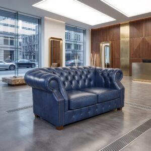 Chesterfield Bank Leder Blauw 1,65 m
