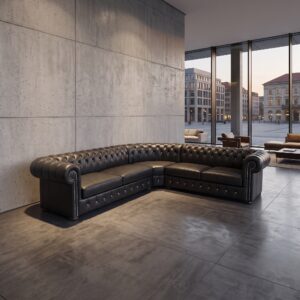 Chesterfield Hoekbank Leder Zwart 3,00 m x 2,50 m