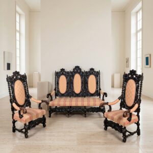 Bankstel 2 Stoelen en 3-Zits Bank Historisme 1870 Eiken
