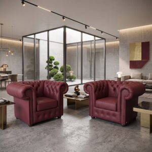 Chesterfield Fauteuils Leder Wijnrood 1,08 m Set