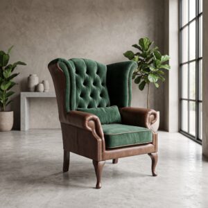 Chesterfield Fauteuil Leder Velours Donkergroen Bruin