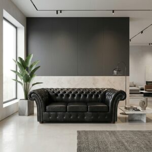 Chesterfield Bank Leder Zwart 2,20 m