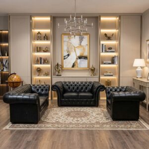 Chesterfield Bankstel Zwart 3-2-1 Leder