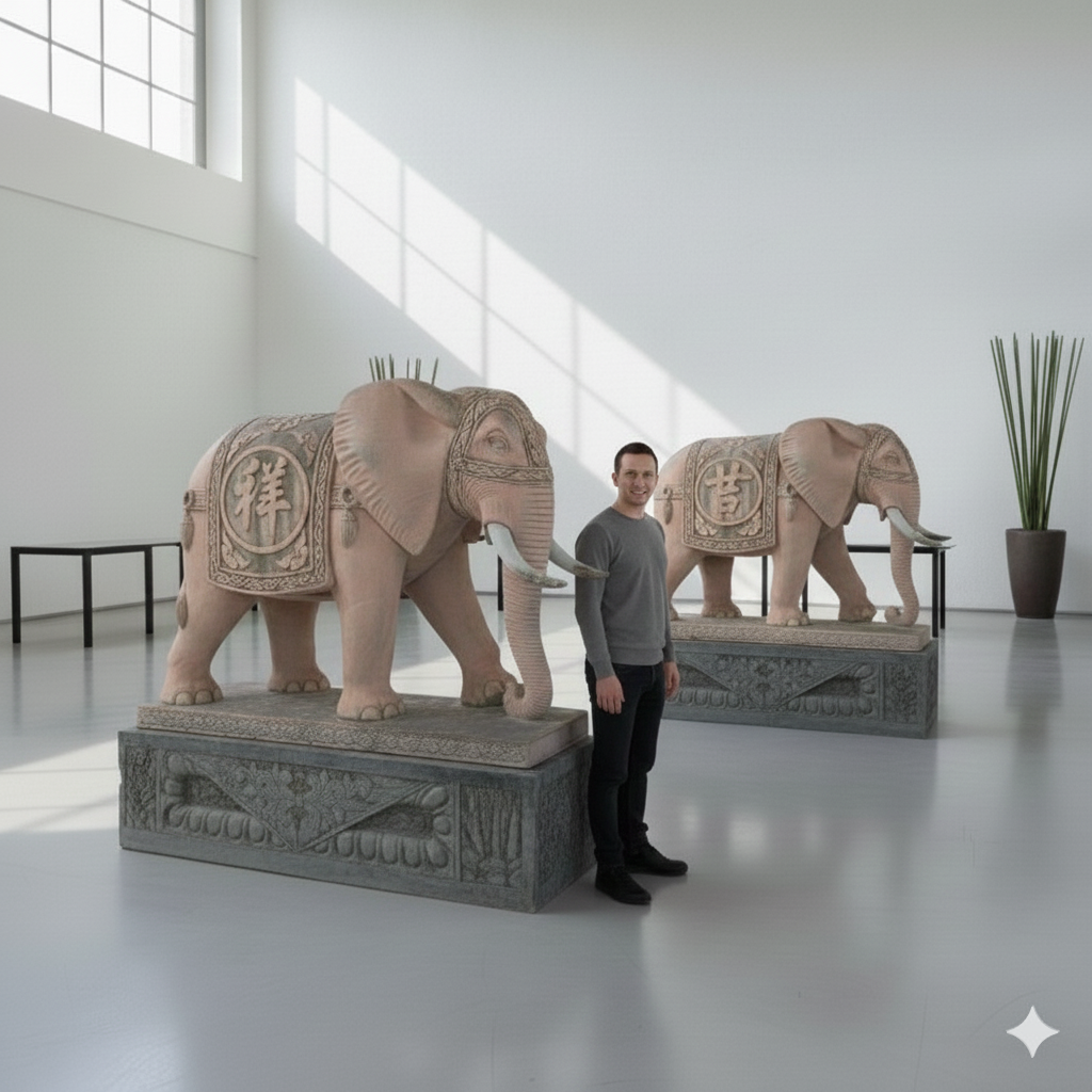 Marmeren Beeld Olifant op Sokkel 2,10 m Set - Afbeelding 2