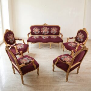 Bank & 4 Fauteuils Biedermeierstijl Bordeaux Setprijs