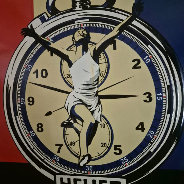 Vintage Reclamebord Emaille "Heuer" Ø 0,76 m - Afbeelding 5