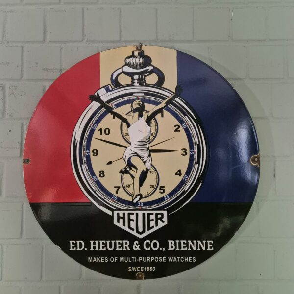 Vintage Reclamebord Emaille "Heuer" Ø 0,76 m