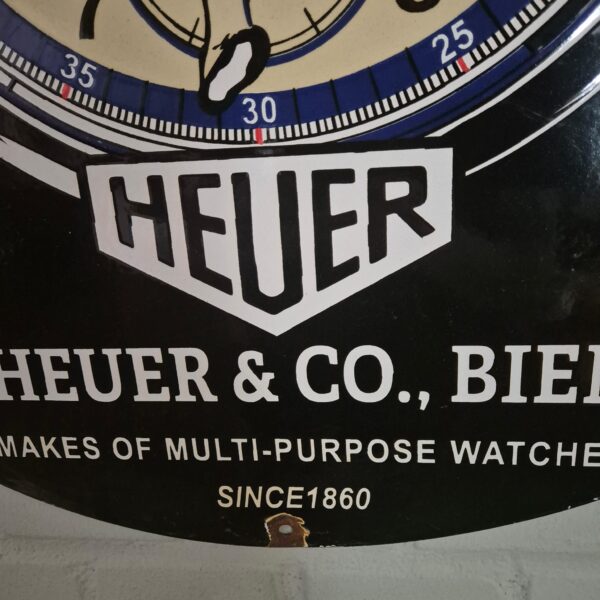 Vintage Reclamebord Emaille "Heuer" Ø 0,76 m - Afbeelding 6