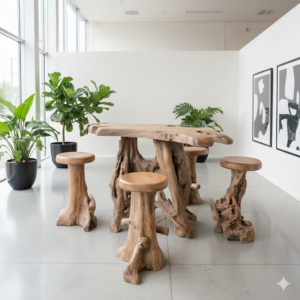 Statafel Wortelhout und 4 Barkrukken Set