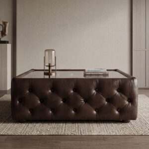 Chesterfield Salontafel Leder Glas Donkerbruin 1,20 m x 0,78 m
