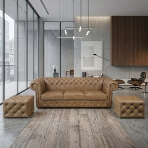 Chesterfield Bank Leder Cognacbruin 3-zitter+ 2 Hockers