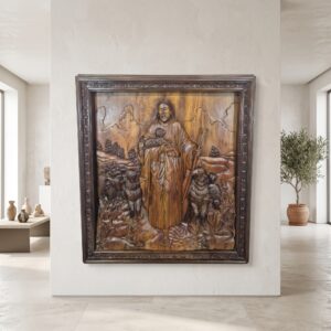 Reliëfafbeelding "De Goede Herder" Teak 1,30 m x 1,40 m