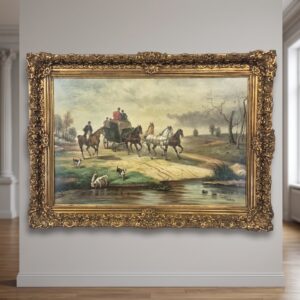 Olieverfschilderij van C. Riley, tafereel met een Engelse koets
