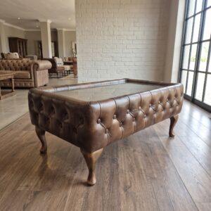Chesterfield Salontafel Glas Leder Bruin 0,95 m x 0,54 m