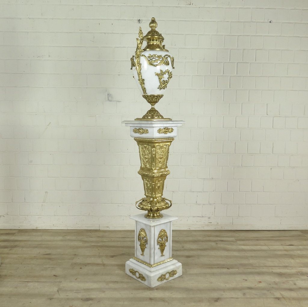 Säule mit Vase Messing Marmor Weiß 1,80 m