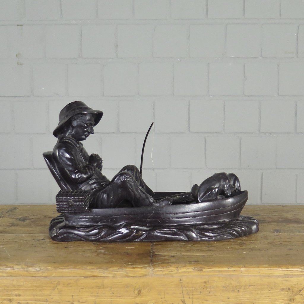 Skulptur Dekoration Angler mit Hund Bronze 0,22 m
