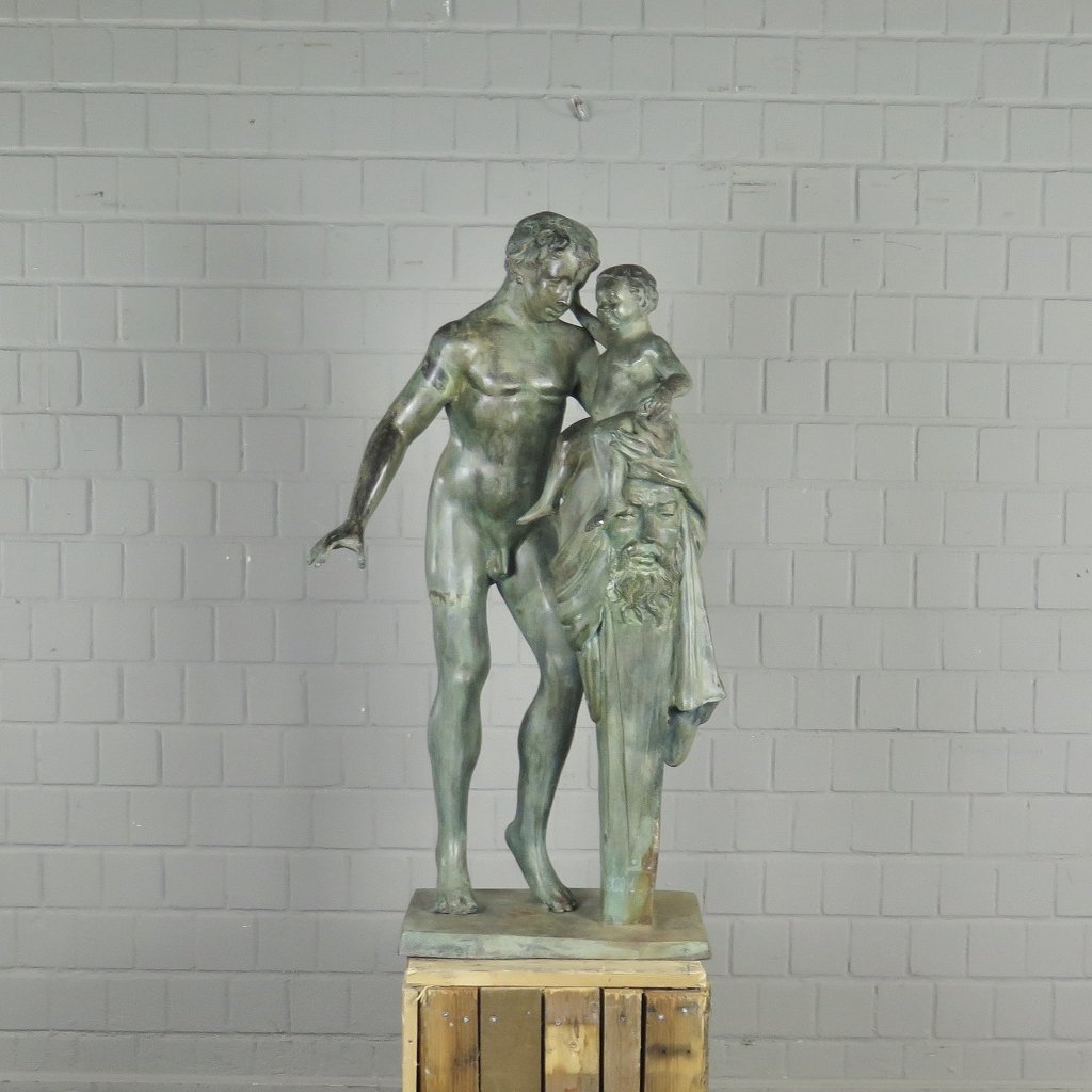 Skulptur Dekoration Mann mit Kind 1,10 m Bronze