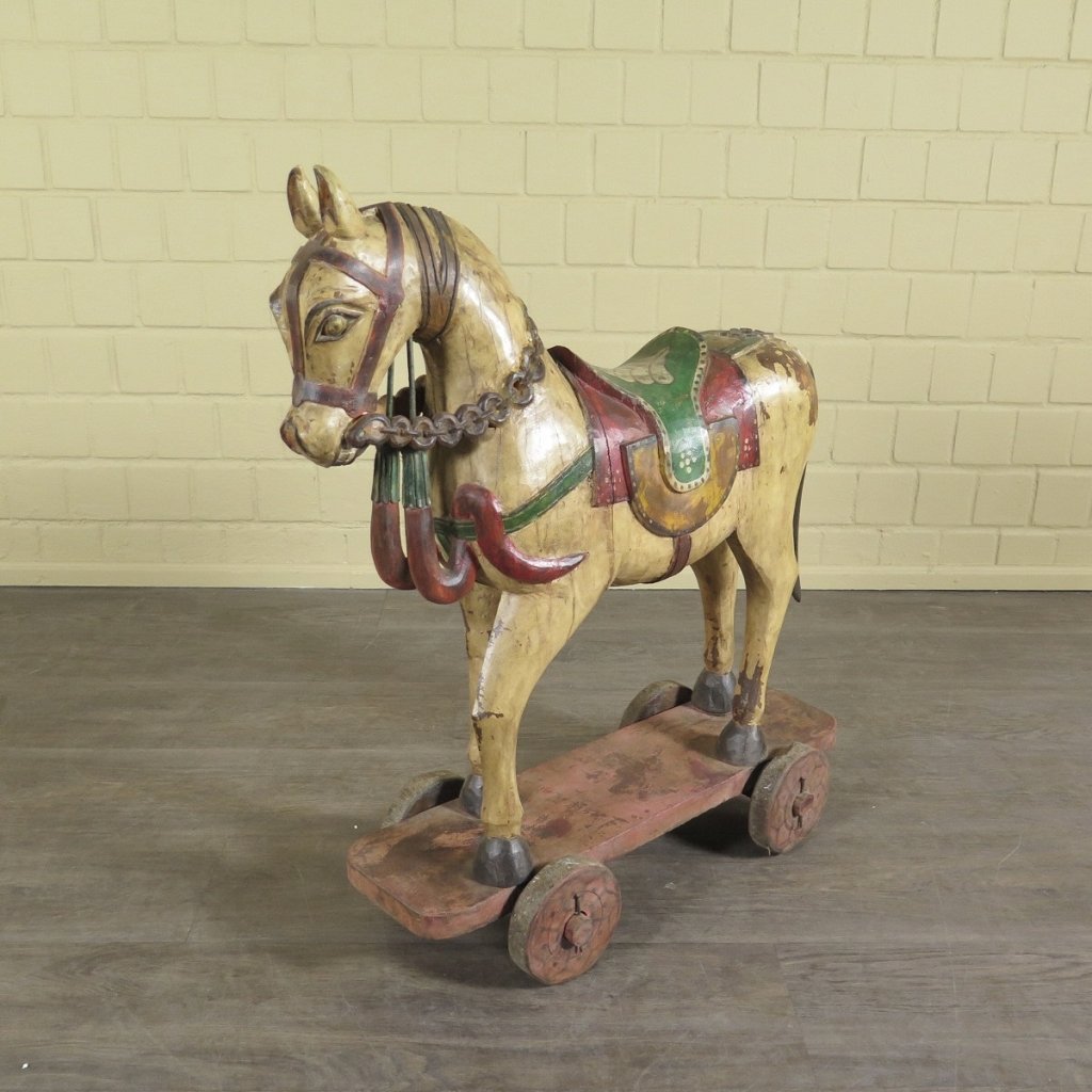 Pferd auf Rollen Holzpferd Rädertier Jugendstil 1910 Teakholz